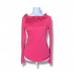 Anthropologie C Keer Red Lace Floral Top M Ribbed Long Sleeve Boho Feminine Fall